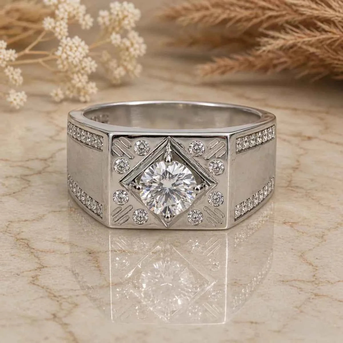Royal Geometric Halo Men's Statement Ring in Silver Finish - 925 Silver Jewelery