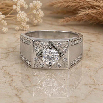 Royal Geometric Halo Men's Statement Ring in Silver Finish