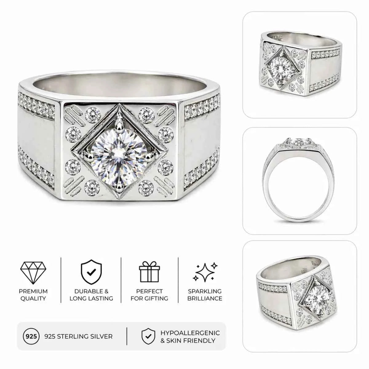Royal Geometric Halo Men's Statement Ring in Silver Finish - 925 Silver Jewelery