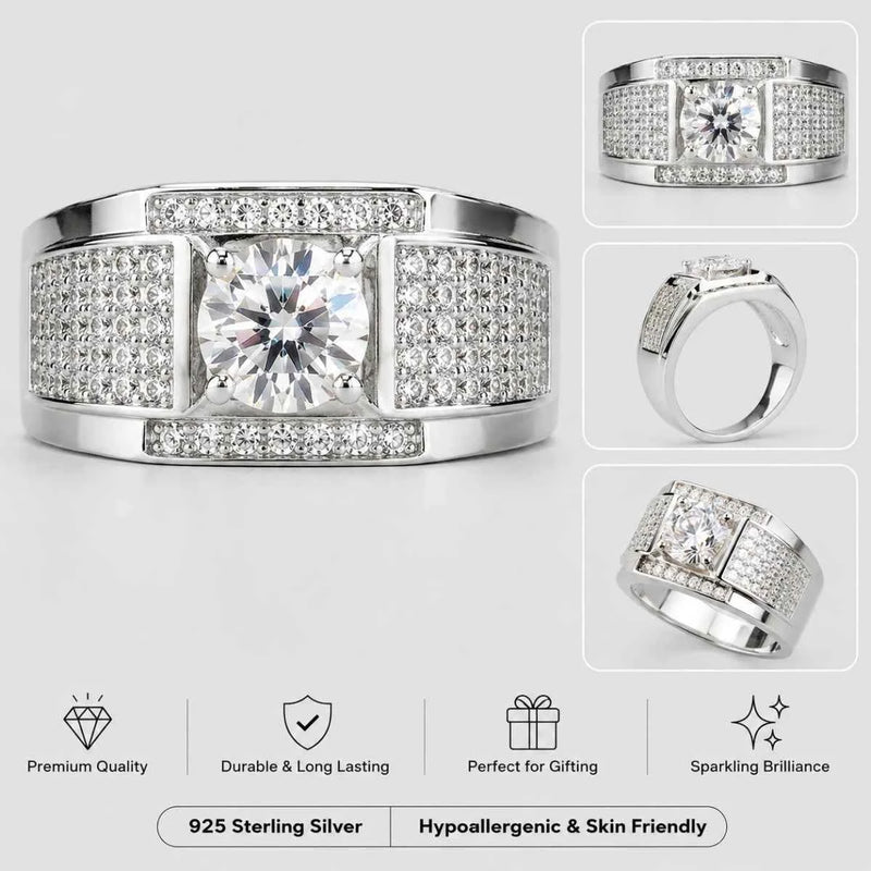 925 sterling silver ring with round center stone, pavé bands, bezel setting