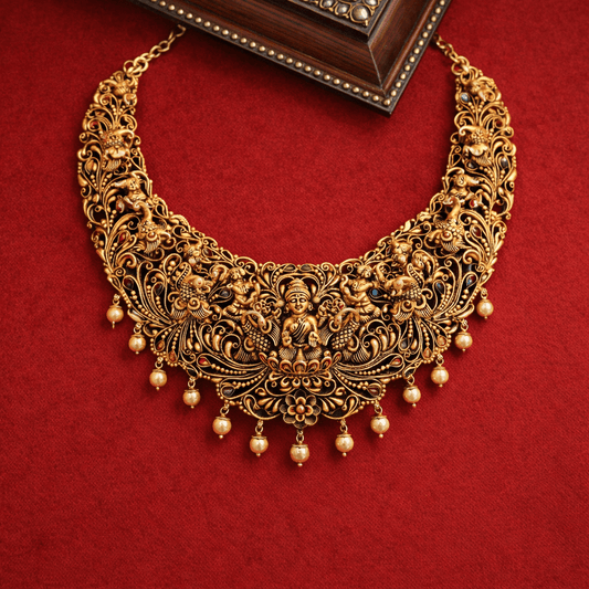 Royal Peacock Lakshmi Temple Gold-Plated Necklace - 925 Silver Jewelery
