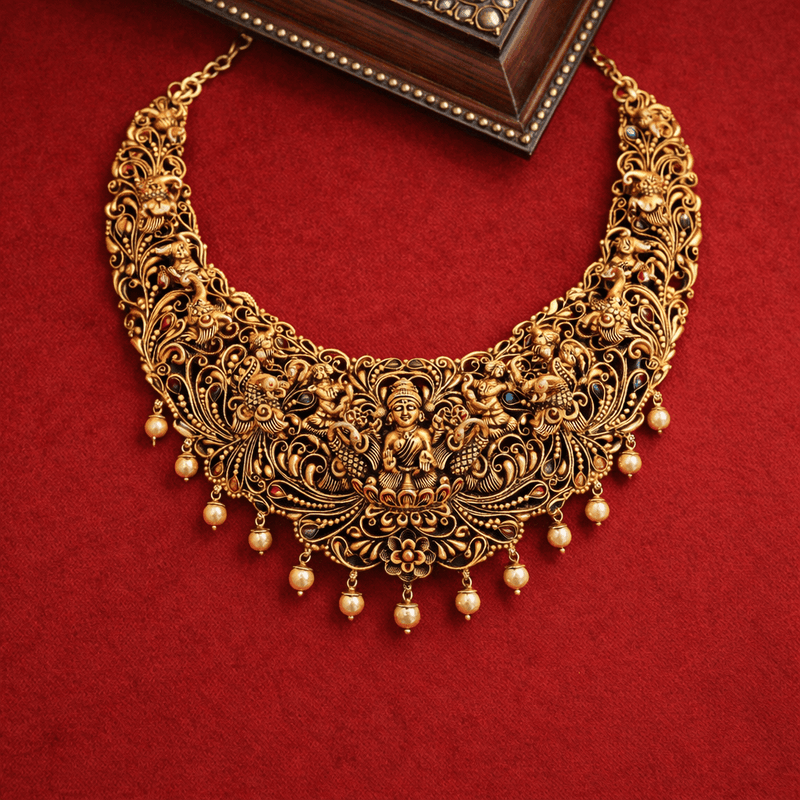Gold-plated temple necklace with peacock and Lakshmi motifs, dangling pearl drops