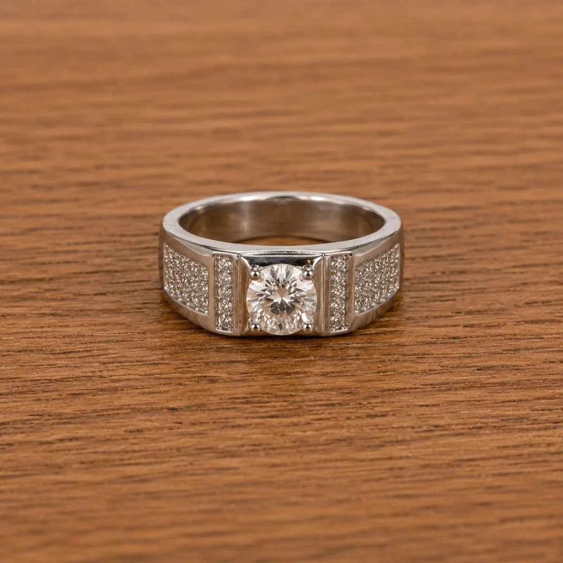 925 sterling silver ring with round center stone, pavé bands, and side bar insets