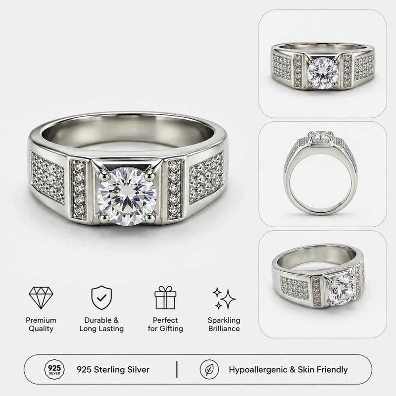 925 sterling silver ring with large round center stone and pavé side bands