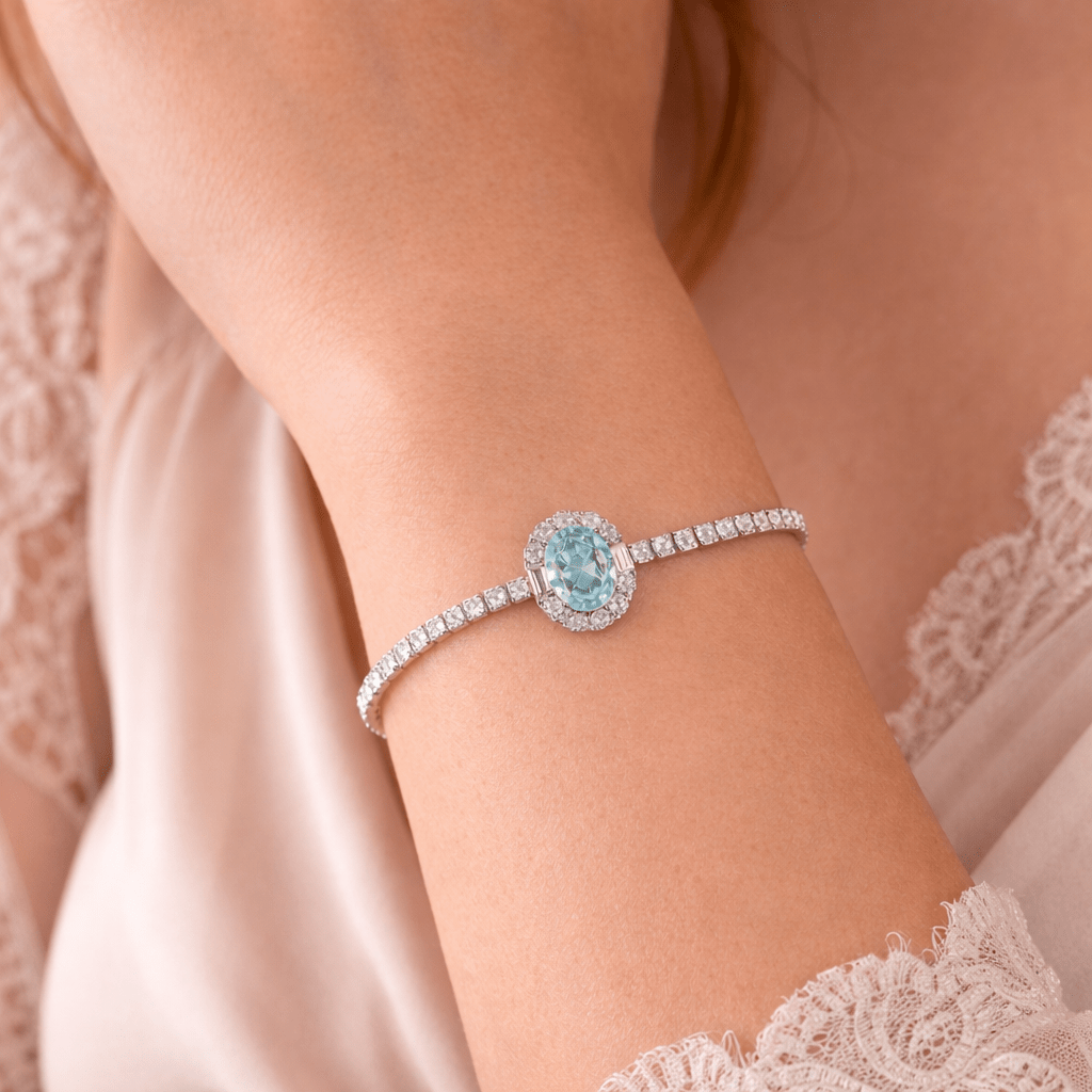Serene Aquamarine Oval Halo Tennis Bracelet - Silvorn India