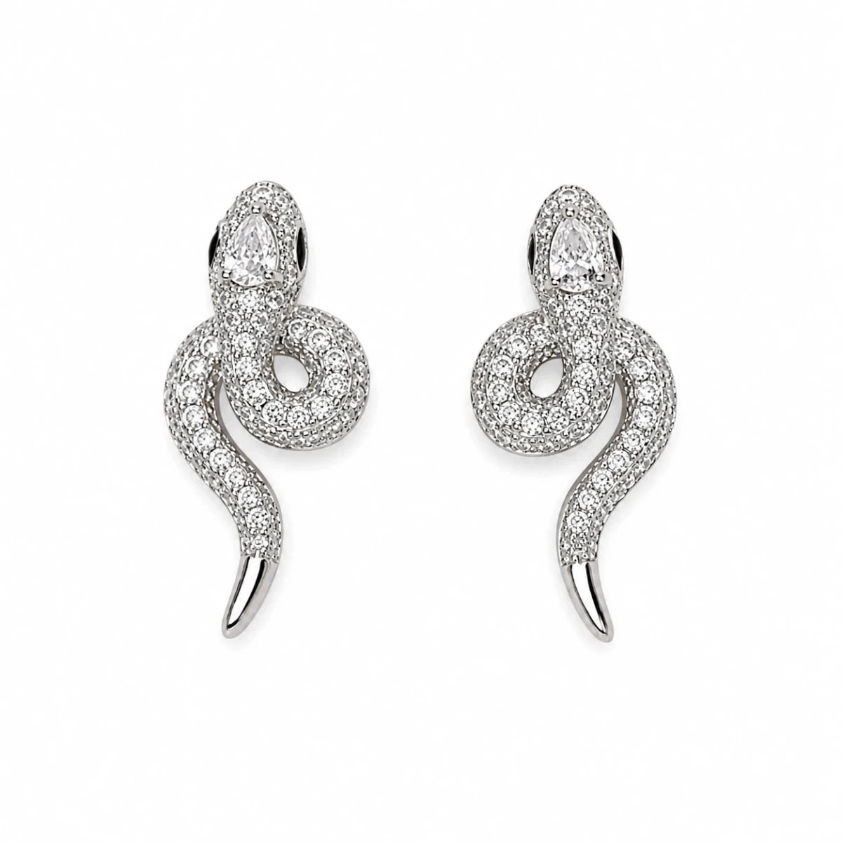Pair of silver 925 snake-twist zirconia stud earrings, glittered coil with center loop
