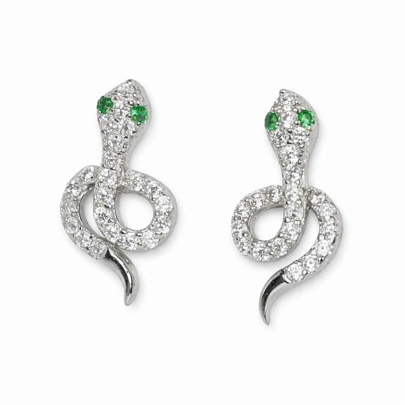 Serpente Royale 925 silver snake ear studs with green accents and pavé crystal shine