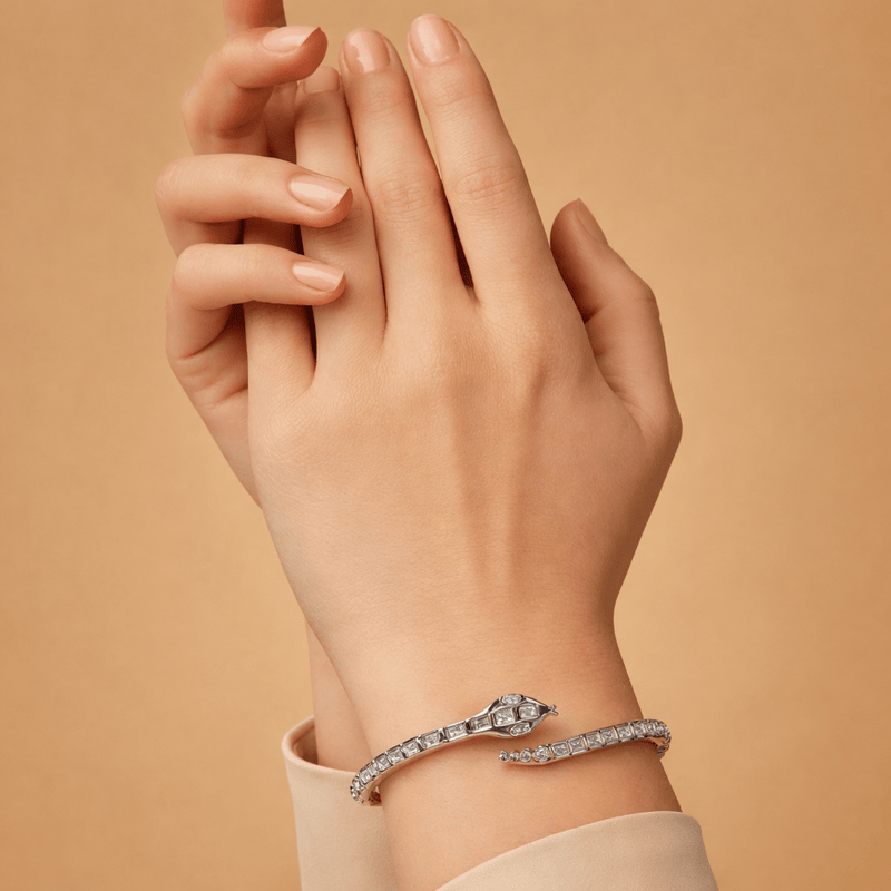 925 silver open cuff bracelet with pavé zirconia snake detail