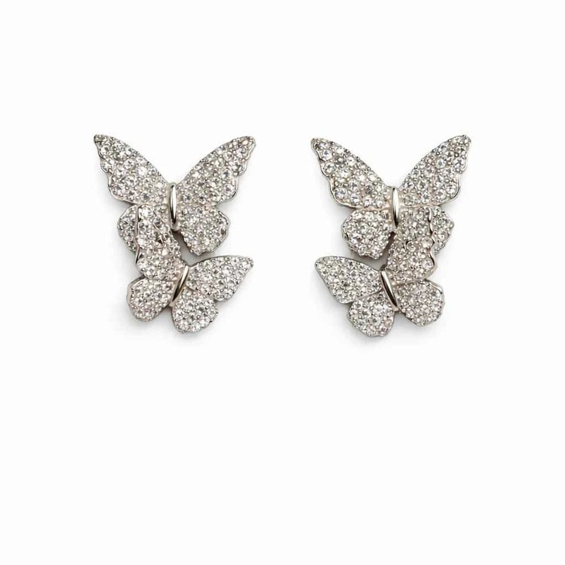 Silver 925 butterfly stud earrings, matching pair with three pave butterflies each