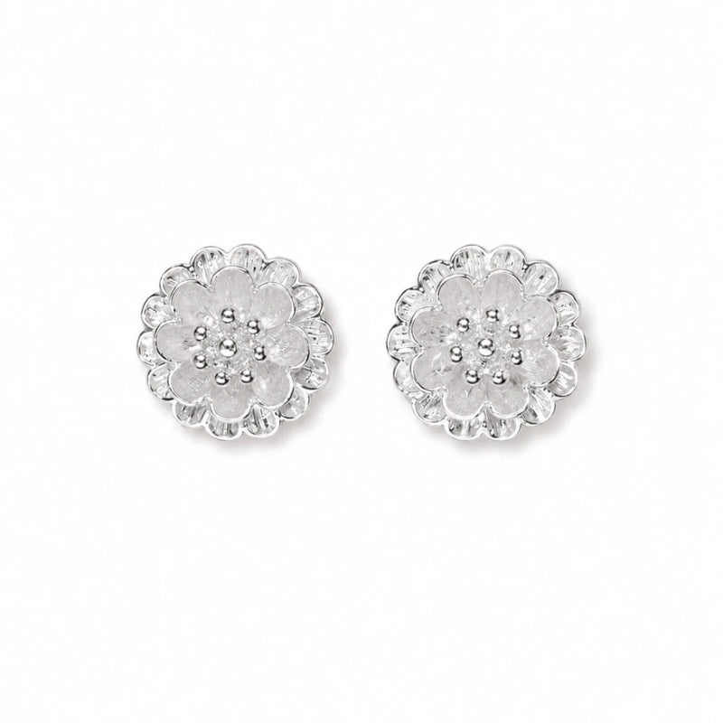 Floral stud earrings, two round silver blossoms with raised petals and bead accents on posts.