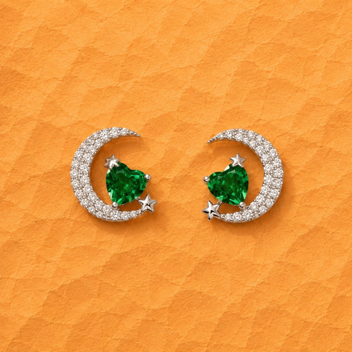 Silver Crescent Moon and Star Green Heart Crystal Studs | 925 Sterling Silver - Silvorn India