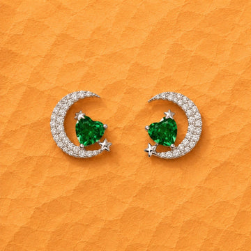Silver Crescent Moon and Star Green Heart Crystal Studs | 925 Sterling Silver - Silvorn India