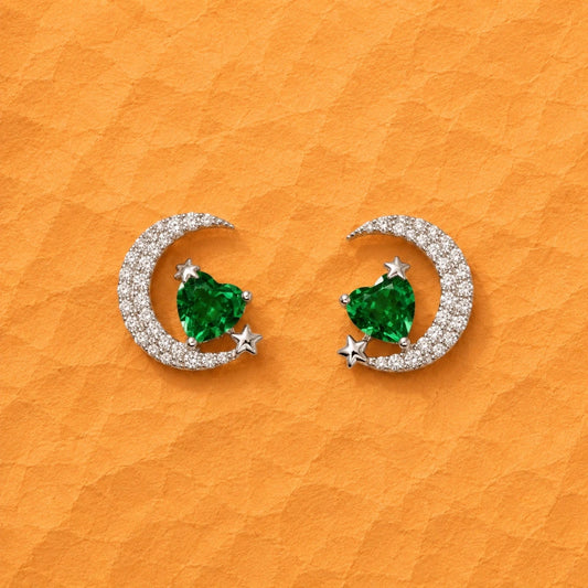 Silver Crescent Moon and Star Green Heart Crystal Studs | 925 Sterling Silver - 925 Silver Jewelery