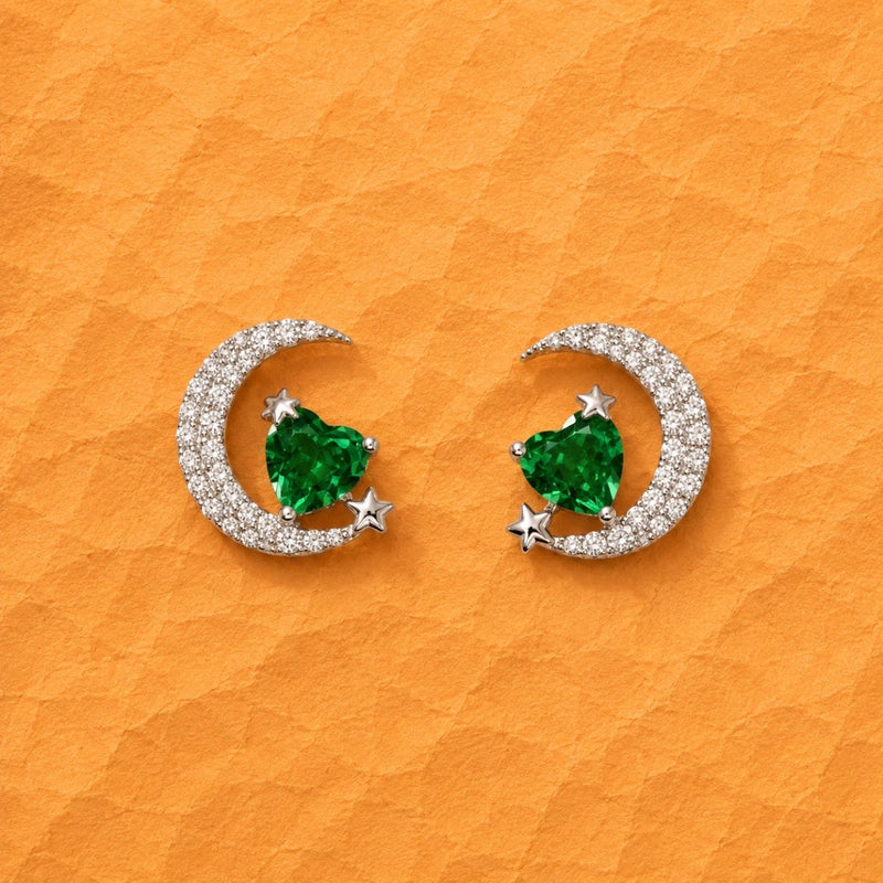 Green heart crystal crescent and star studs with pavé halo moon, 925 silver