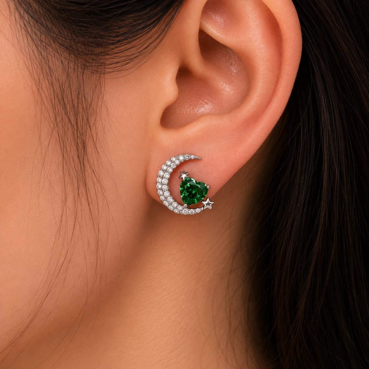 Silver Crescent Moon and Star Green Heart Crystal Studs | 925 Sterling Silver - Silvorn India