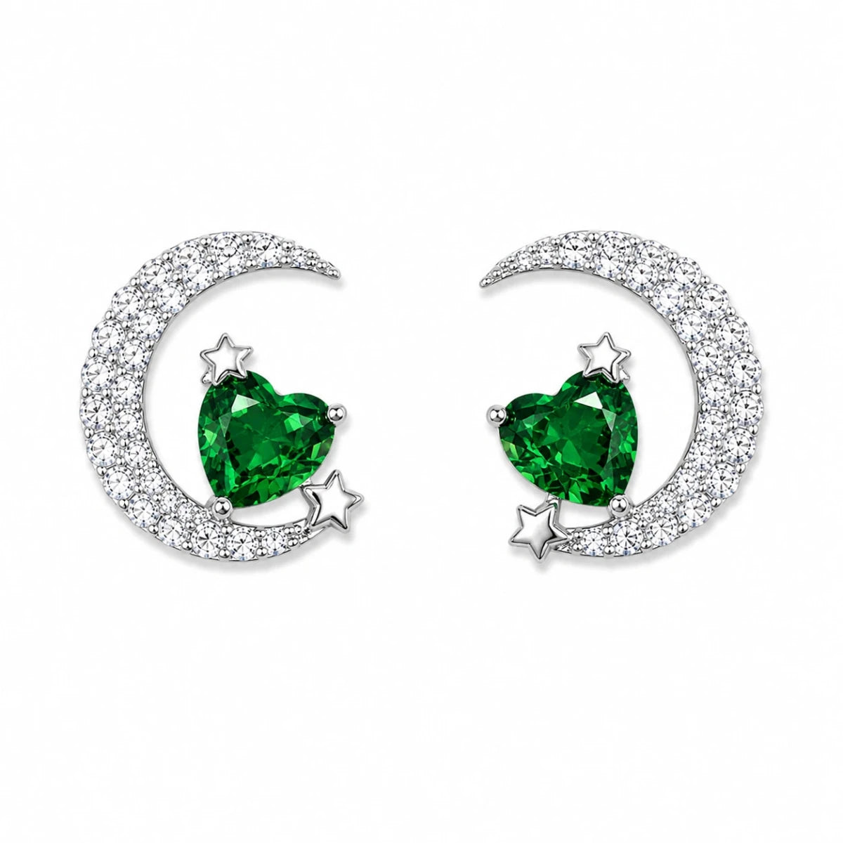 Silver Crescent Moon and Star Green Heart Crystal Studs | 925 Sterling Silver - Silvorn India