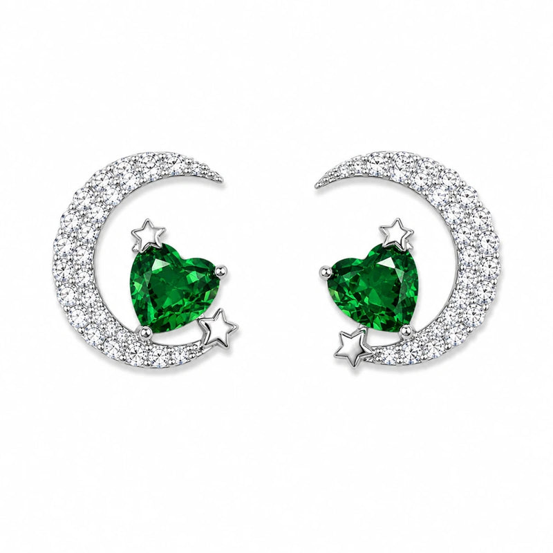 Green heart crystal crescent and star stud earrings, 925 silver, glittery moon and stars