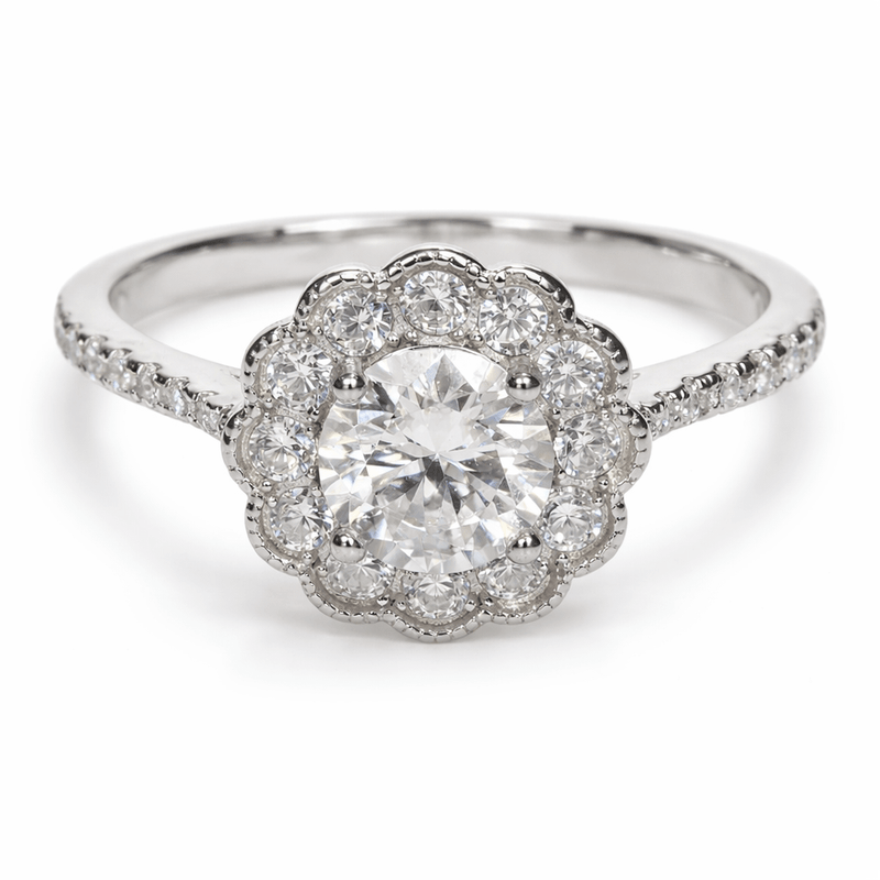 Silver petal halo ring with large round center diamond and pavé details