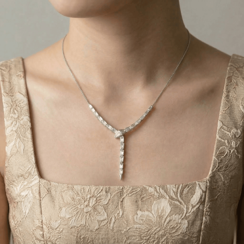 925 silver Y-drop geometric baguette necklace with pointed teardrop pendant