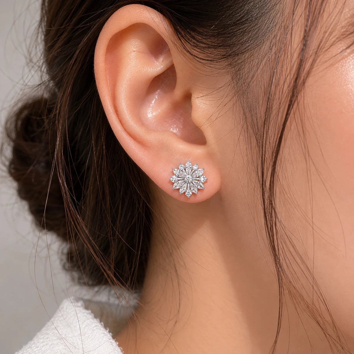925 silver Snowflake Bloom zirconia stud earrings, starburst sparkle on ear