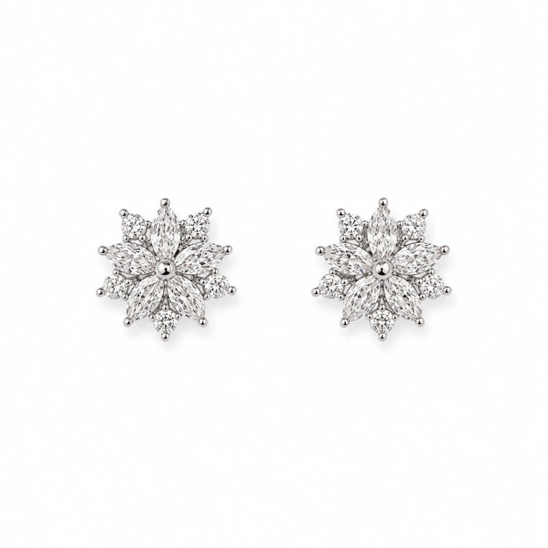 Snowflake zirconia stud earrings, sterling silver with clear starburst stone cluster