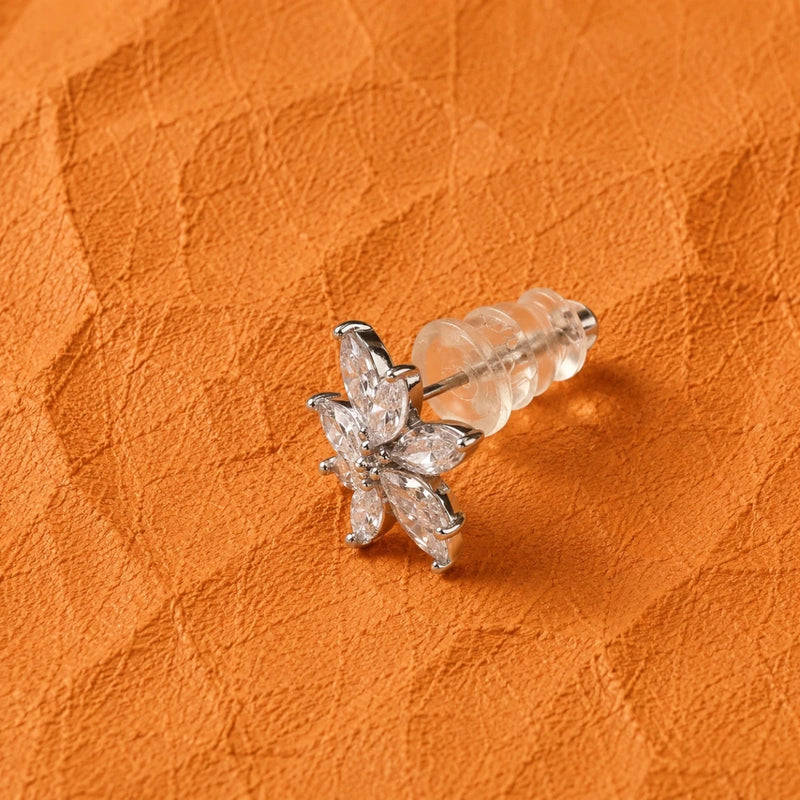925 silver snowflake stud earring, clear marquise crystal petals on a post