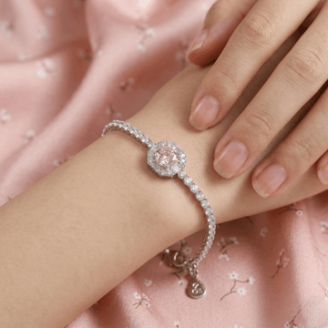 Soft Rose Round Halo Tennis Bracelet - Silvorn India