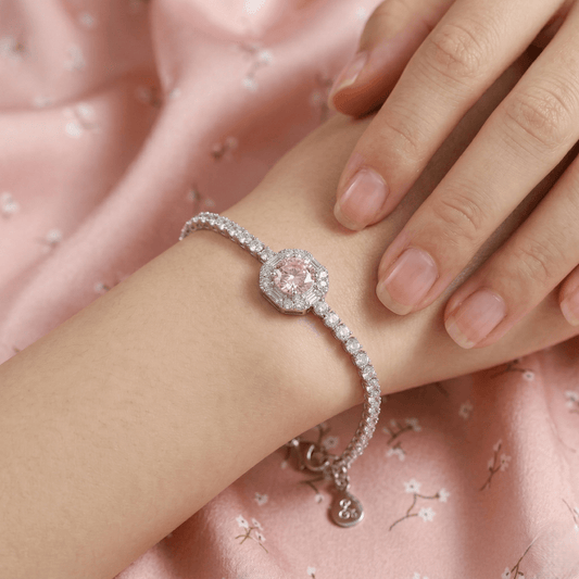 Soft Rose Round Halo Tennis Bracelet - 925 Silver Jewelery