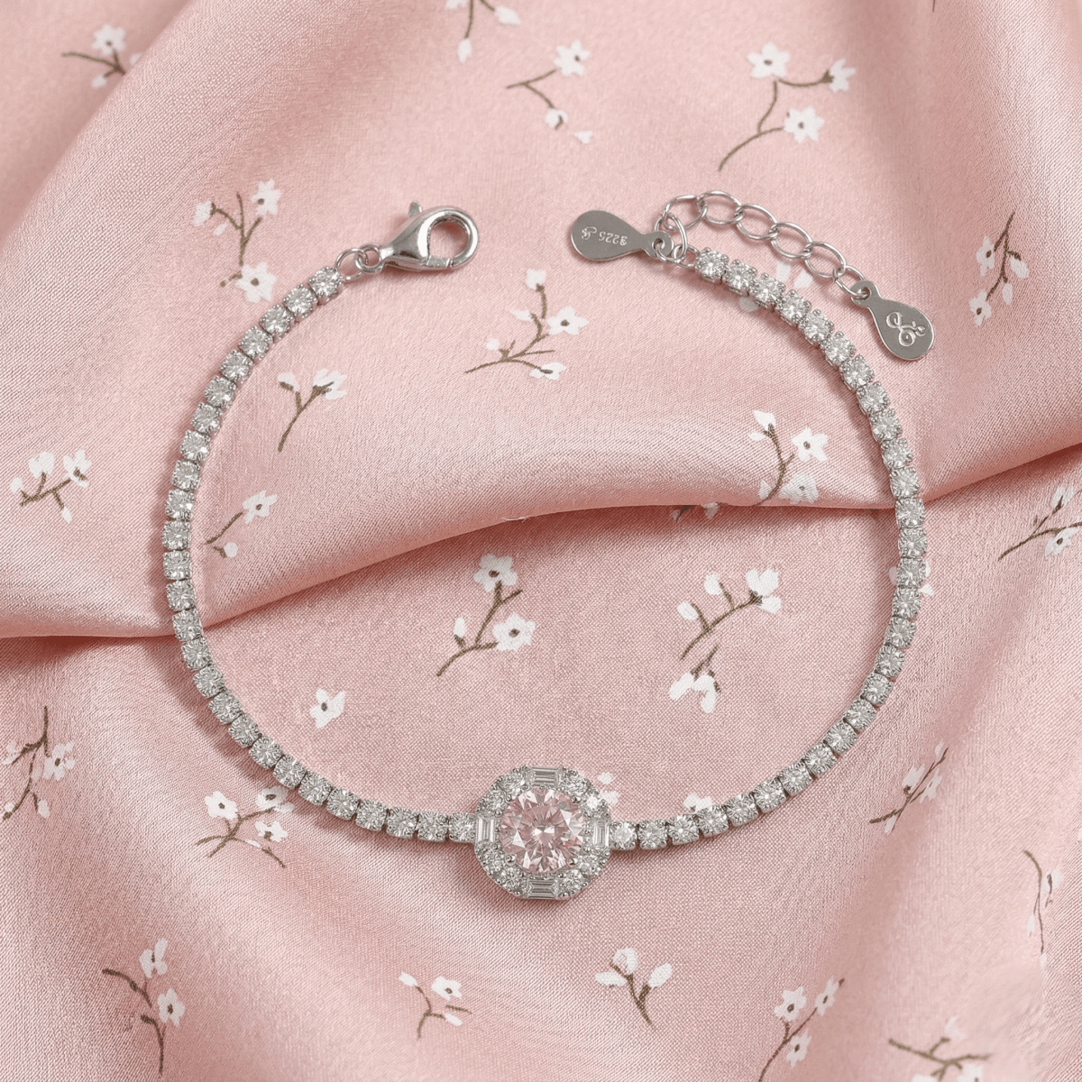 Silver 925 round halo tennis bracelet with pave chain, lobster clasp and small charm