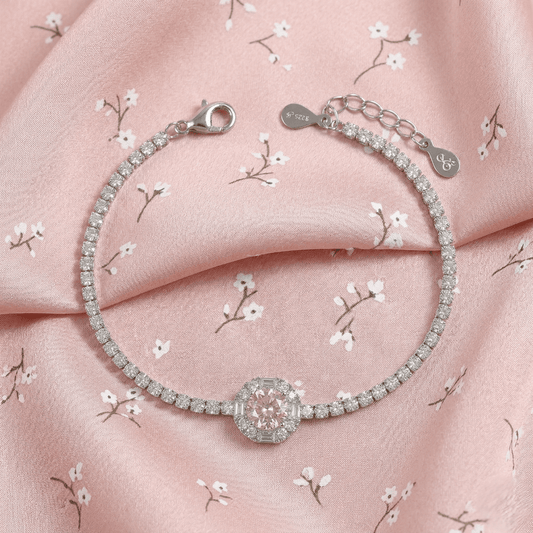 Soft Rose Round Halo Tennis Bracelet - 925 Silver Jewelery