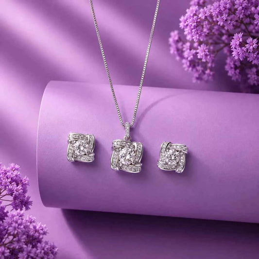 Sparkle Pendant & Stud Earrings Jewelry Set for Women | Premium Zircon Stone Necklace Set - 925 Silver Jewelery