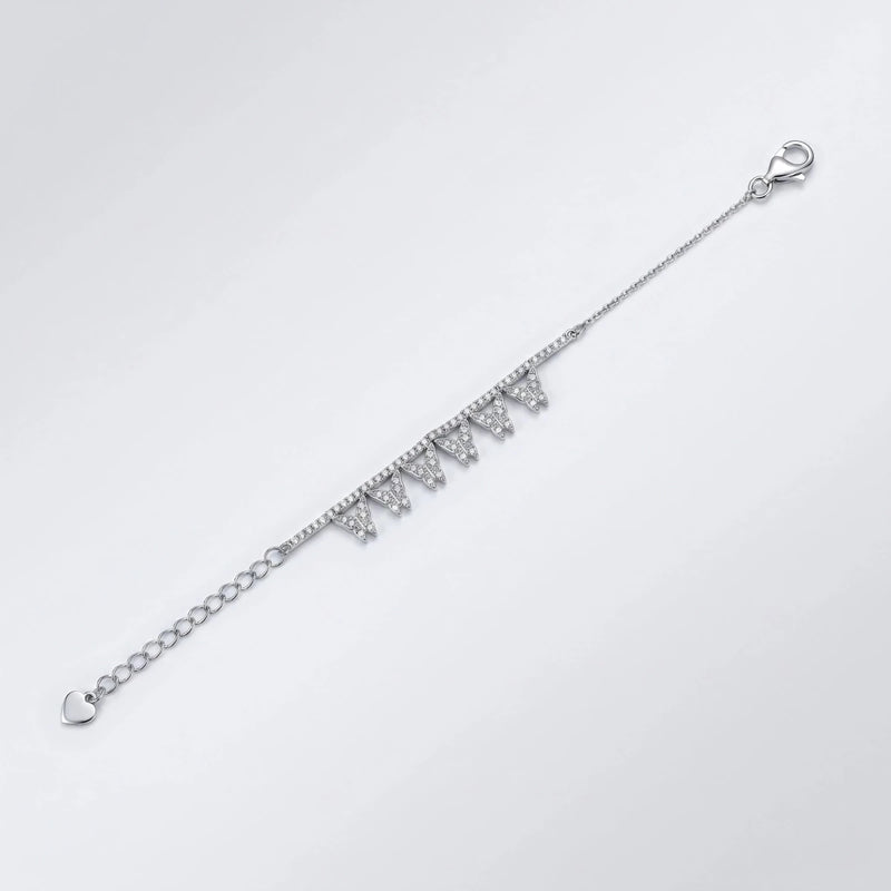 CZ butterfly link bracelet with sparkle links, silver chain, heart charm, clasp