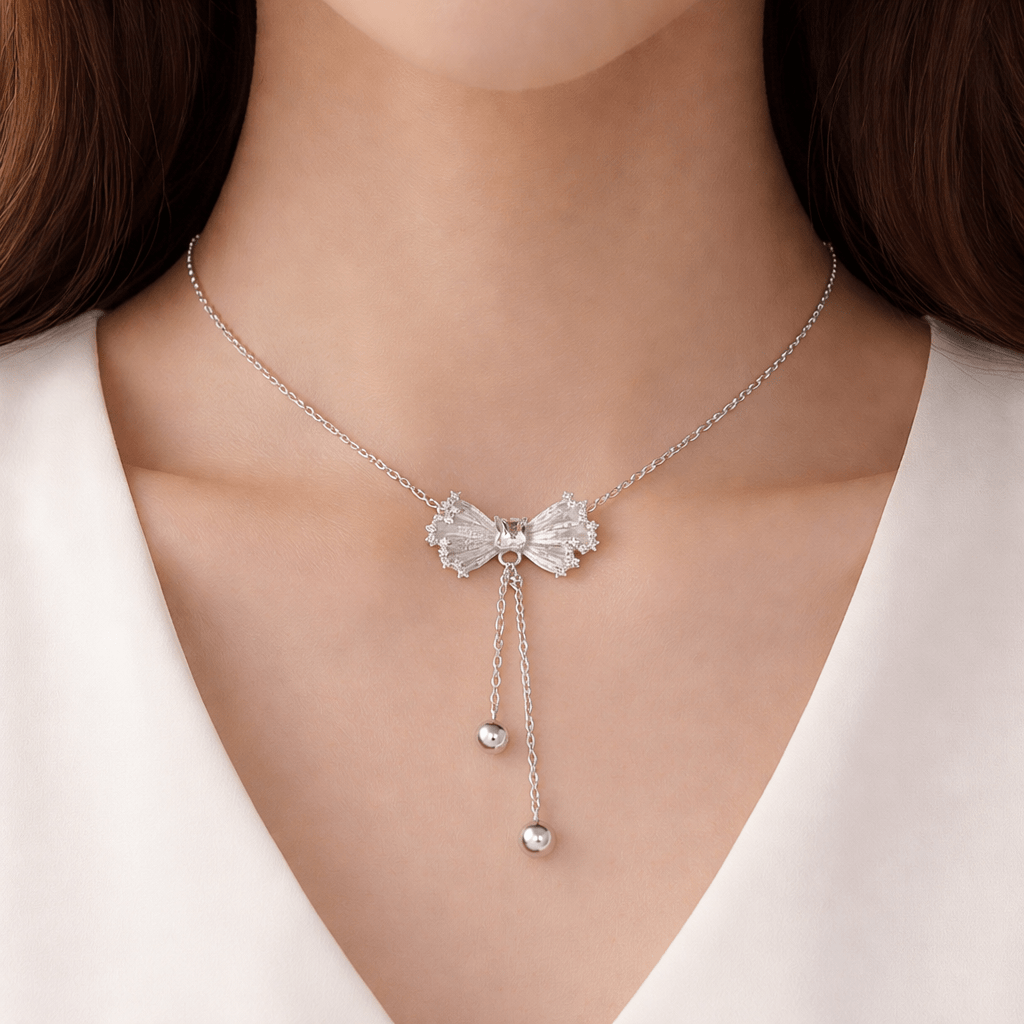 Sparkling Textured Bow Drop Necklace - Silvorn India