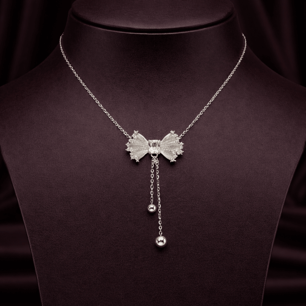 Sparkling Textured Bow Drop Necklace - Silvorn India