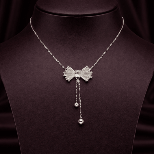 Sparkling Textured Bow Drop Necklace - 925 Silver Jewelery
