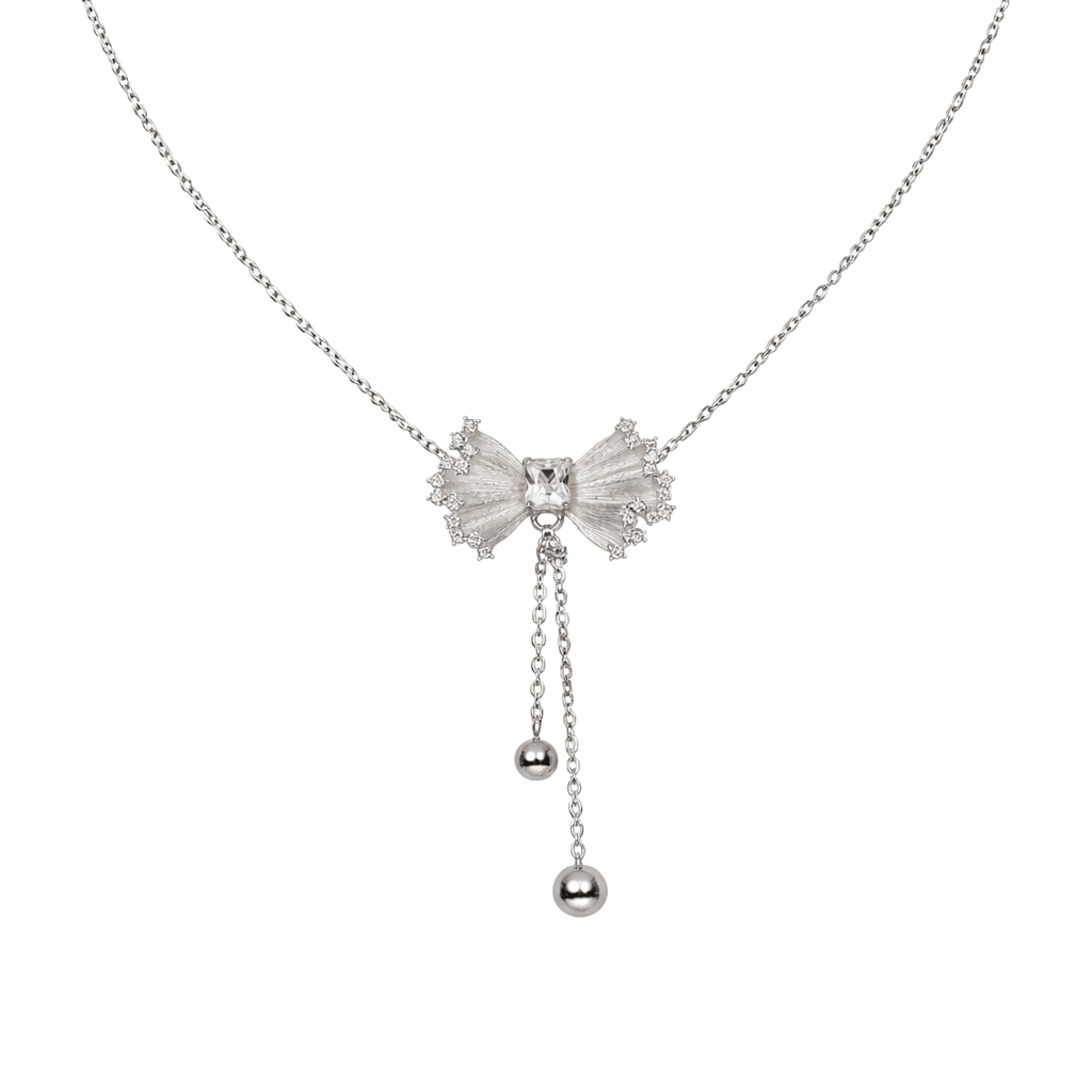 Sparkling Textured Bow Drop Necklace - Silvorn India