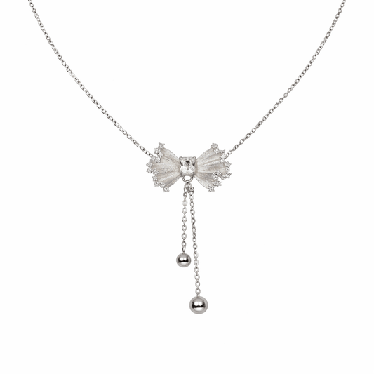 Sparkling Textured Bow Drop Necklace - 925 Silver Jewelery