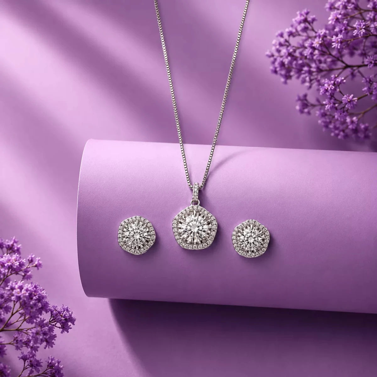 Sparkling Zircon Necklace & Stud Earrings - Silvorn India