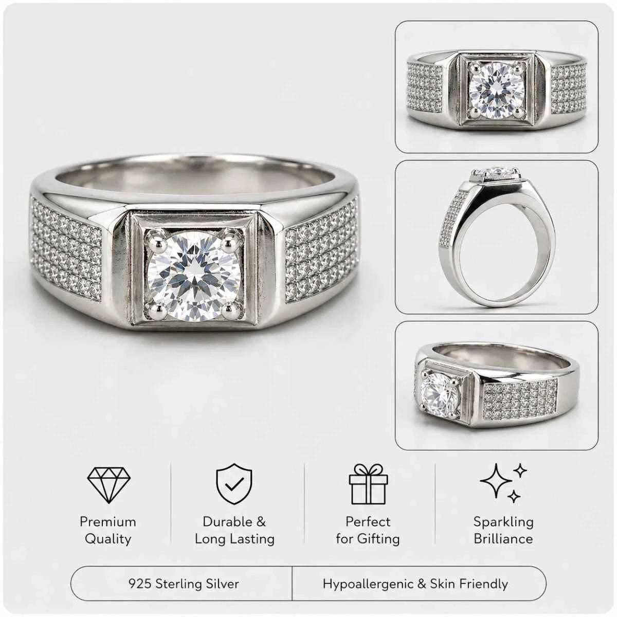 Square Bezel Solitaire Ring - 925 Silver Jewelery