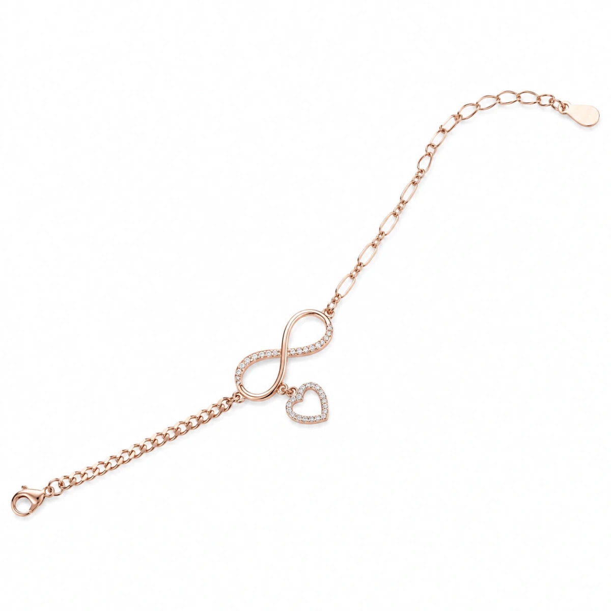 Sterling Silver Rose Gold Plated Infinity Heart Charm Bracelet for Women - Silvorn India