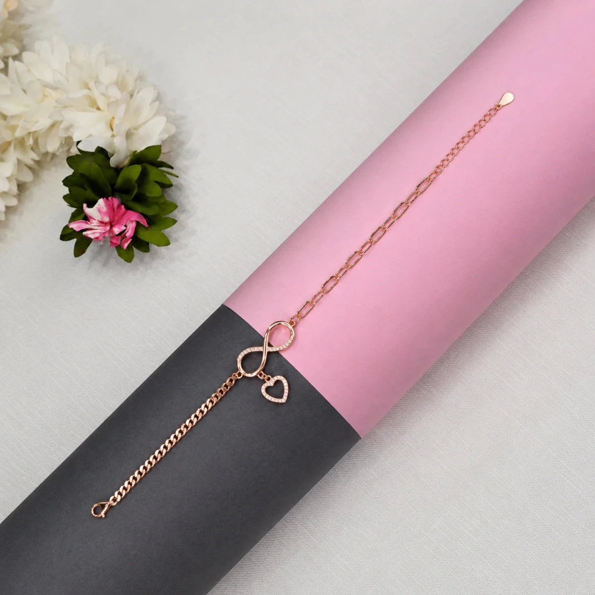 Sterling Silver Rose Gold Plated Infinity Heart Charm Bracelet for Women - Silvorn India