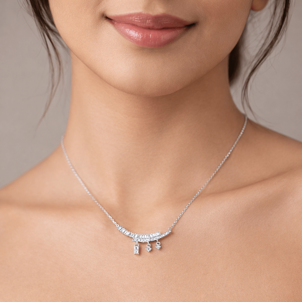 Stylish Curve Necklace with Tiny Hanging Crystals - Silvorn India