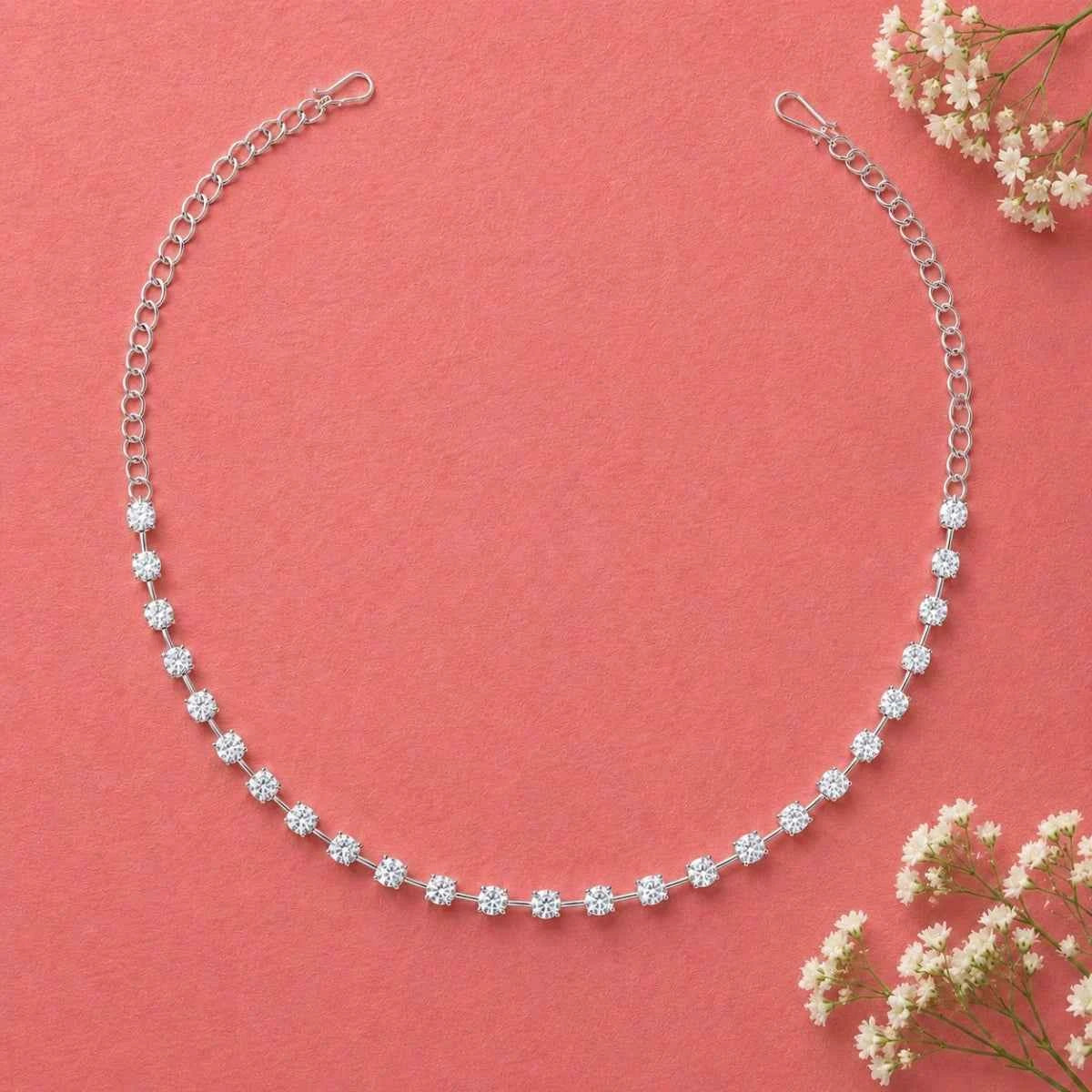 925 silver tennis necklace with round crystal stations and lobster clasp