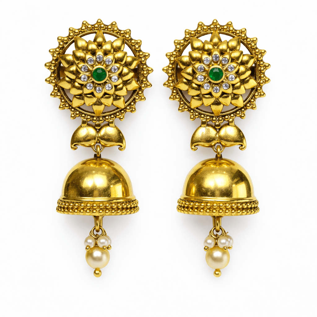 Traditional Gold - Plated Floral Jhumka Earrings with Green Stone & Pearl Drops - Silvorn India