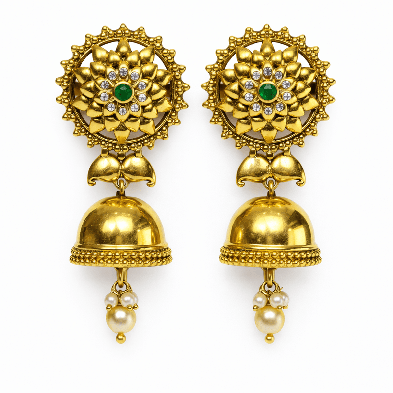 Gold-plated floral jhumka earrings with green center and pearl drop studs