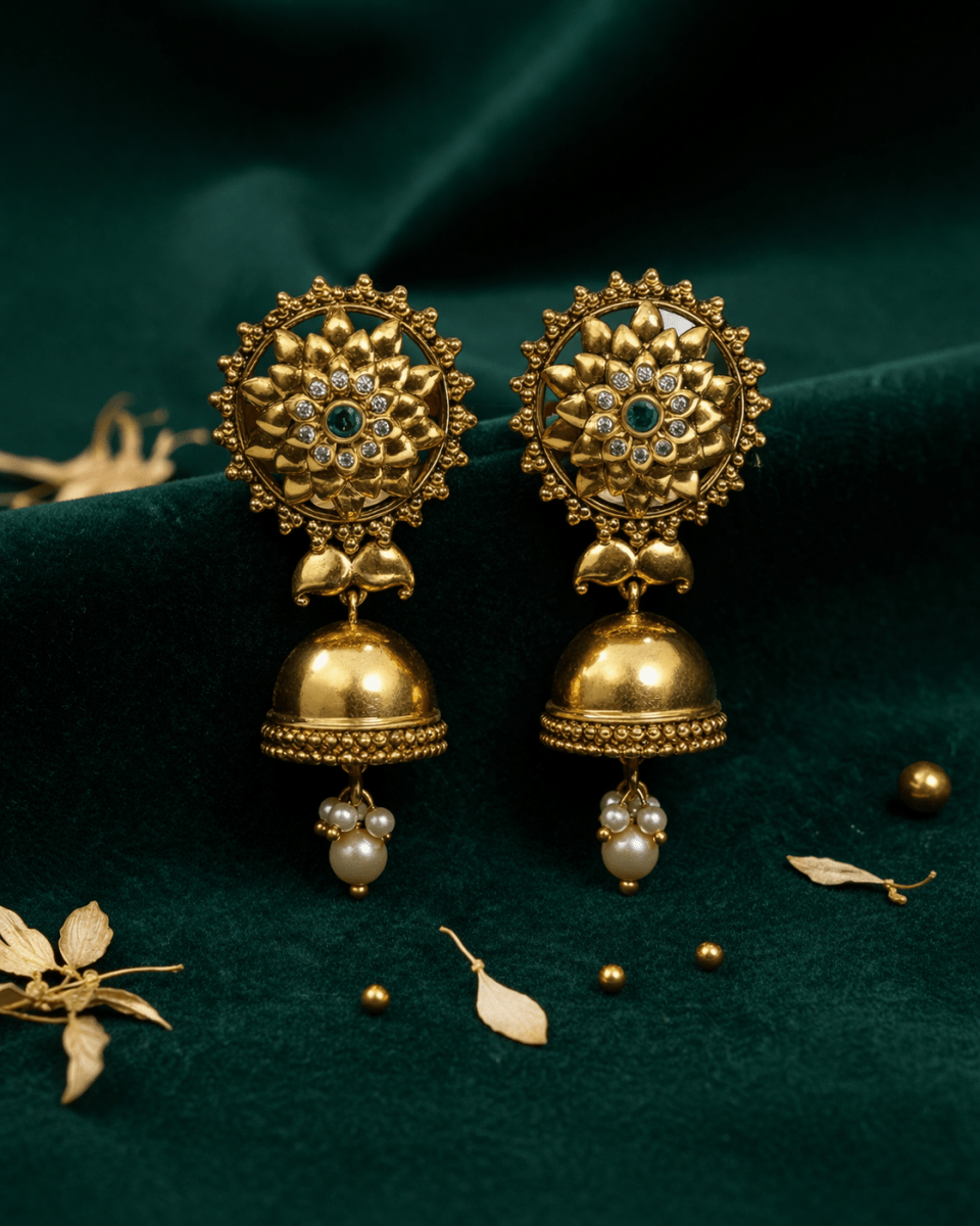 Traditional Gold - Plated Floral Jhumka Earrings with Green Stone & Pearl Drops - Silvorn India