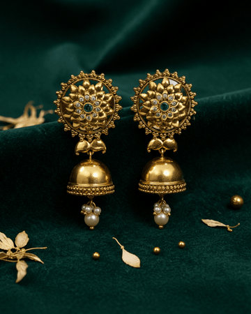 Traditional Gold - Plated Floral Jhumka Earrings with Green Stone & Pearl Drops - Silvorn India
