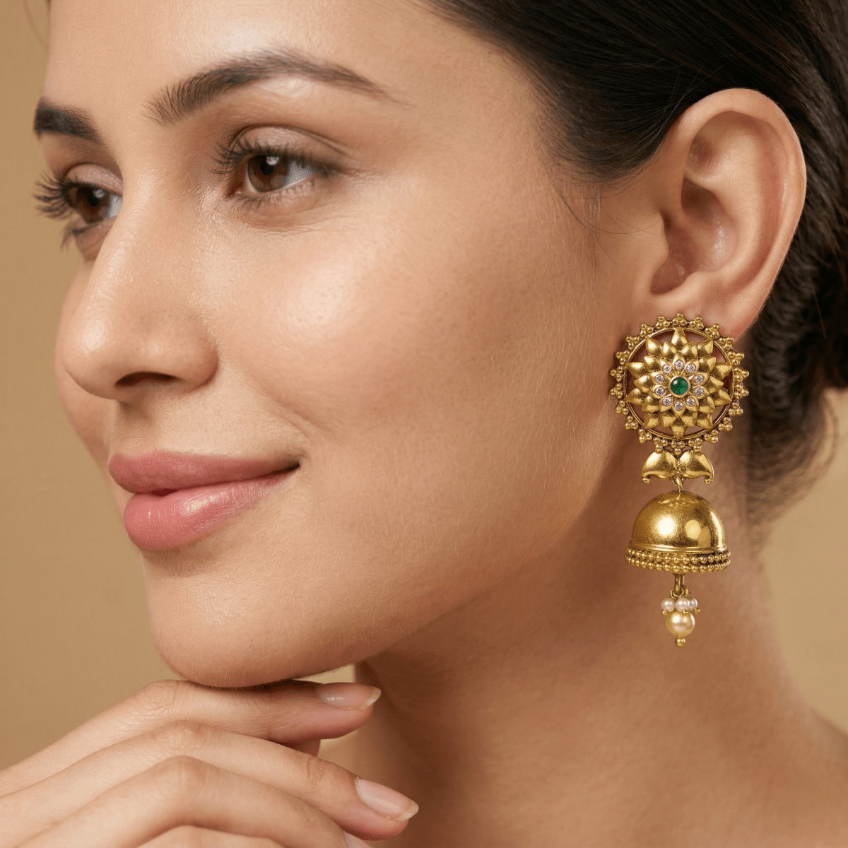 Traditional Gold - Plated Floral Jhumka Earrings with Green Stone & Pearl Drops - Silvorn India