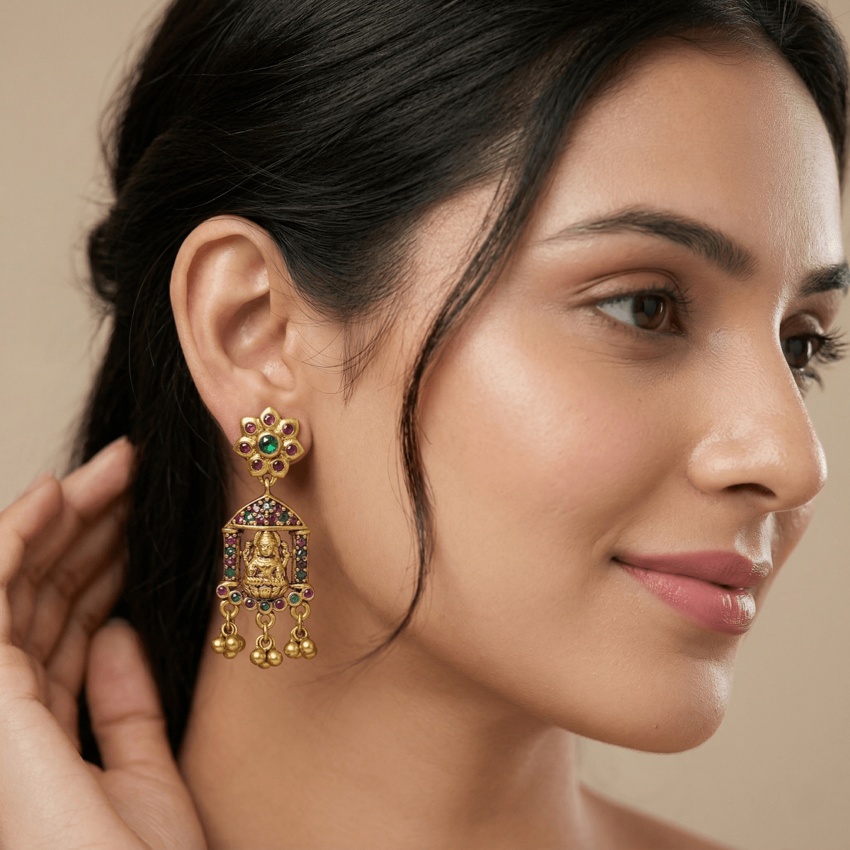 Traditional Lakshmi Temple Frame Earrings with Ruby & Green Stones - Silvorn India