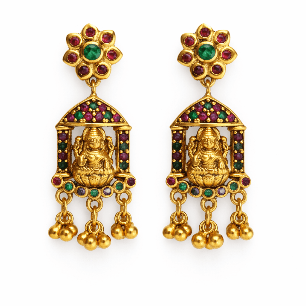 Traditional Lakshmi Temple Frame Earrings with Ruby & Green Stones - Silvorn India